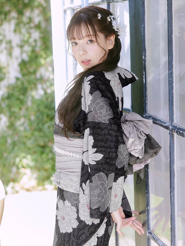 [3点SET]濃紺縦縞×淡牡丹柄浴衣【YUKATA by dazzy 2025】