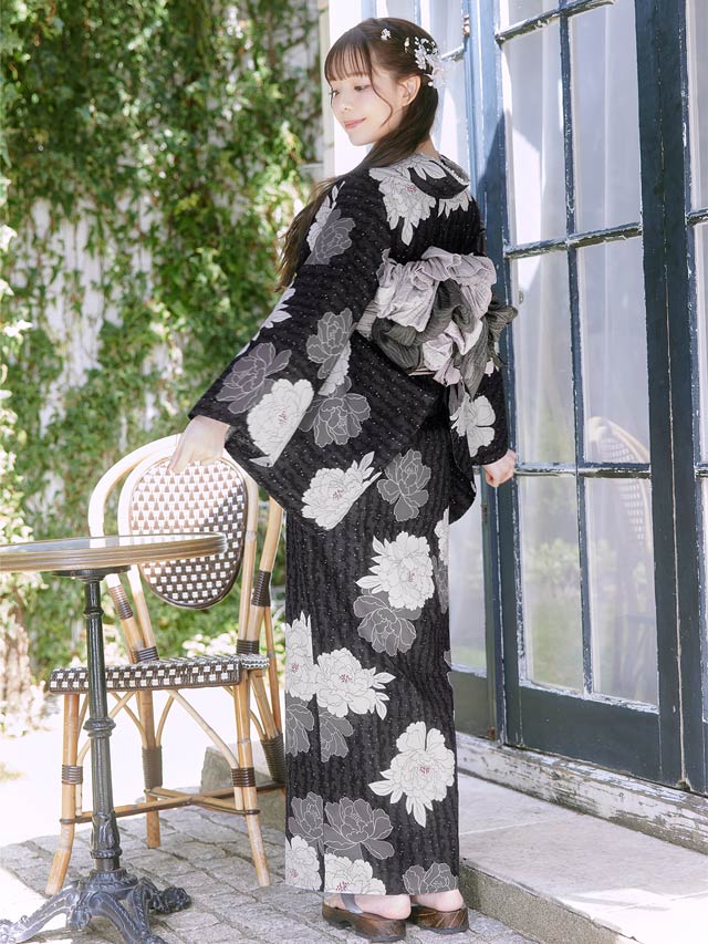 [3点SET]濃紺縦縞×淡牡丹柄浴衣【YUKATA by dazzy 2025】