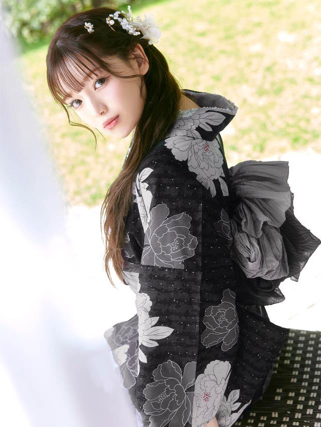 [3点SET]濃紺縦縞×淡牡丹柄浴衣【YUKATA by dazzy 2025】