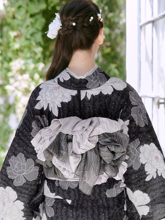 [3点SET]濃紺縦縞×淡牡丹柄浴衣【YUKATA by dazzy 2025】