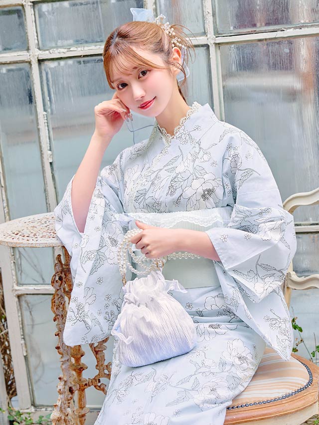 [3点SET]パステル線画アネモネ柄浴衣【YUKATA by dazzy 2025】