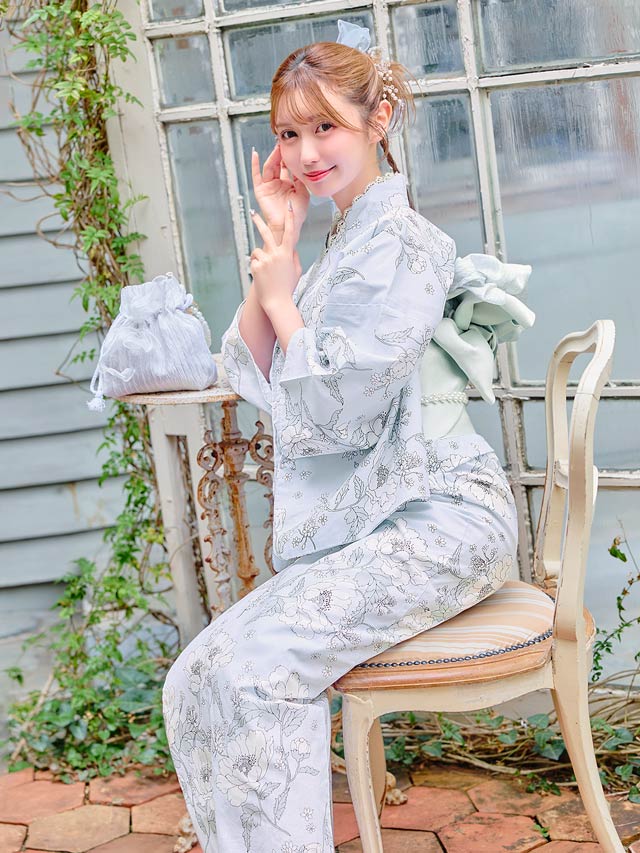 [3点SET]パステル線画アネモネ柄浴衣【YUKATA by dazzy 2025】