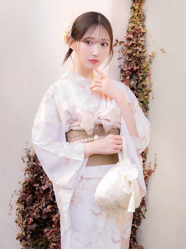 [3点SET]淡茶×白薔薇柄浴衣【YUKATA by dazzy 2025】