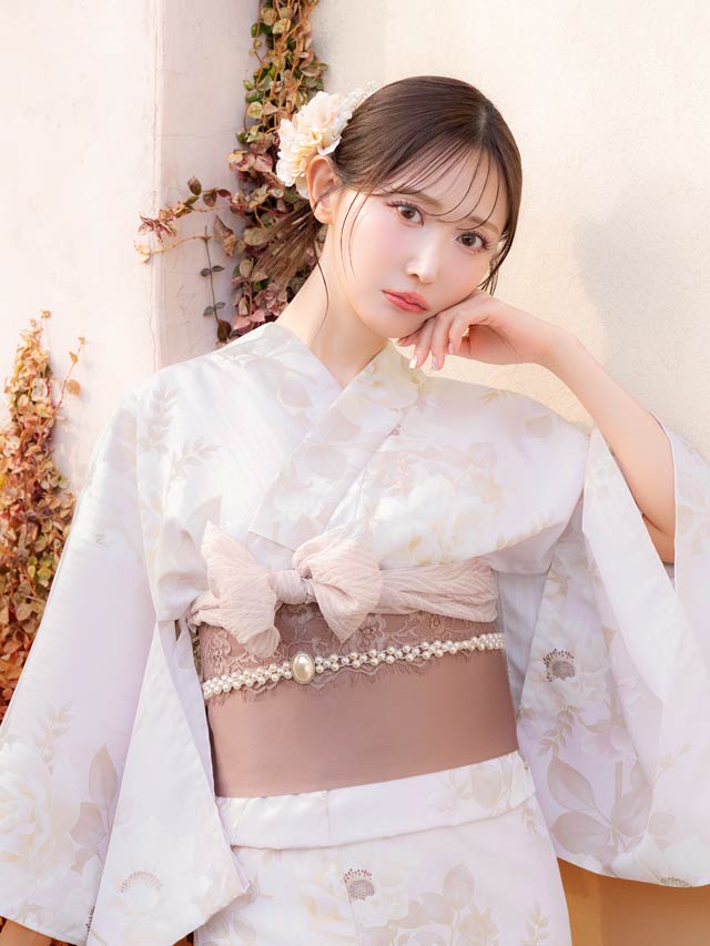 [3点SET]淡茶×白薔薇柄浴衣【YUKATA by dazzy 2025】