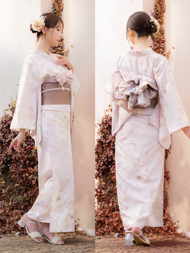 [3点SET]淡茶×白薔薇柄浴衣【YUKATA by dazzy 2025】