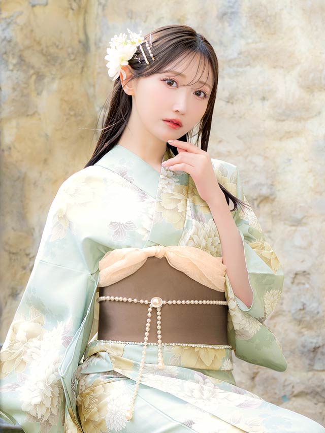 [3点SET]薄荷色牡丹柄浴衣【YUKATA by dazzy 2025】