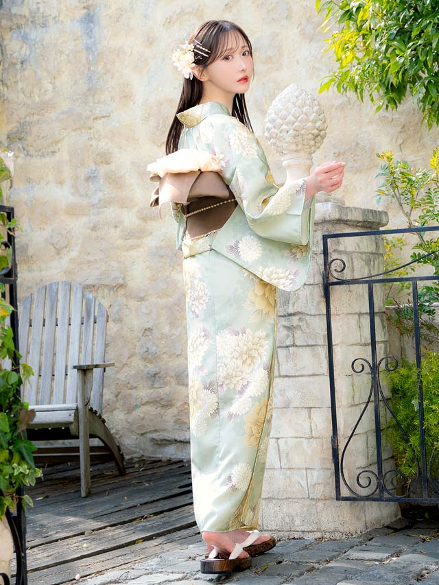 [3点SET]薄荷色牡丹柄浴衣【YUKATA by dazzy 2025】