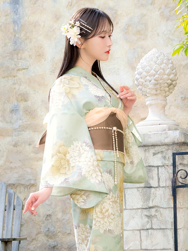 [3点SET]薄荷色牡丹柄浴衣【YUKATA by dazzy 2025】