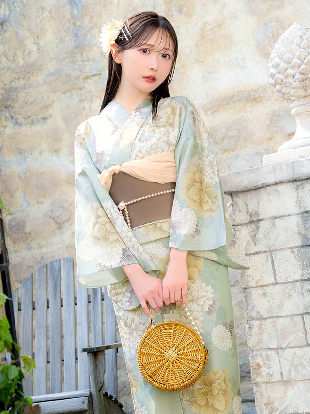 [3点SET]薄荷色牡丹柄浴衣【YUKATA by dazzy 2025】