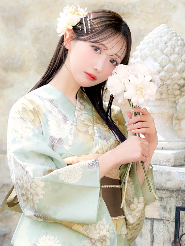 [3点SET]薄荷色牡丹柄浴衣【YUKATA by dazzy 2025】