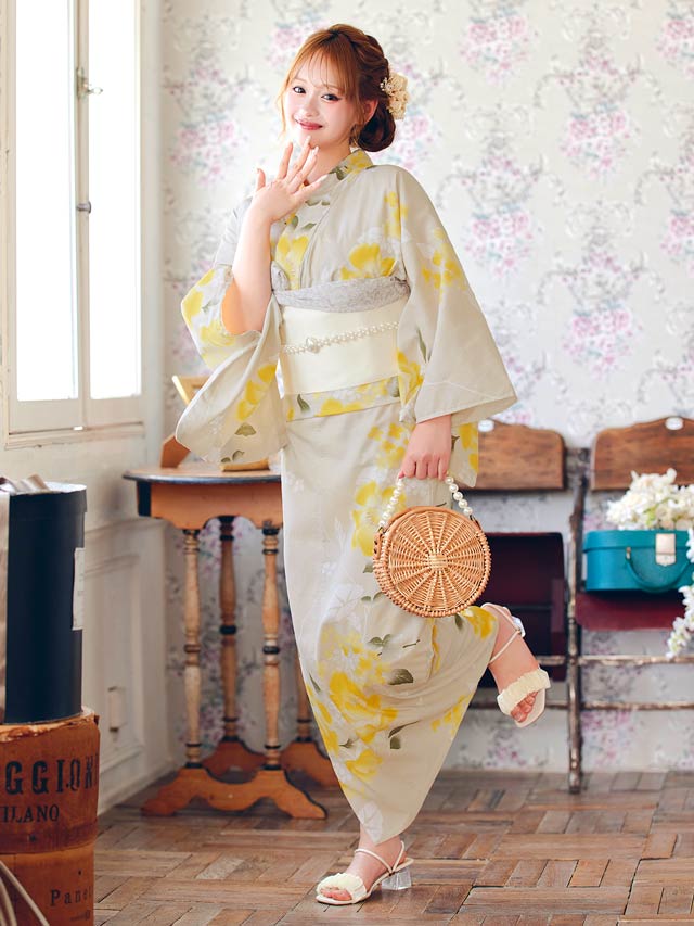 [3点SET]レトロモダン黄色芙蓉柄浴衣【YUKATA by dazzy 2025】