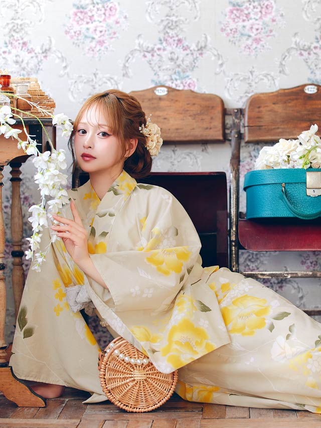 [3点SET]レトロモダン黄色芙蓉柄浴衣【YUKATA by dazzy 2025】