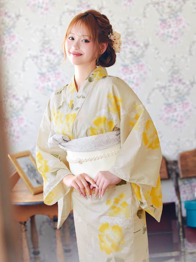 [3点SET]レトロモダン黄色芙蓉柄浴衣【YUKATA by dazzy 2025】