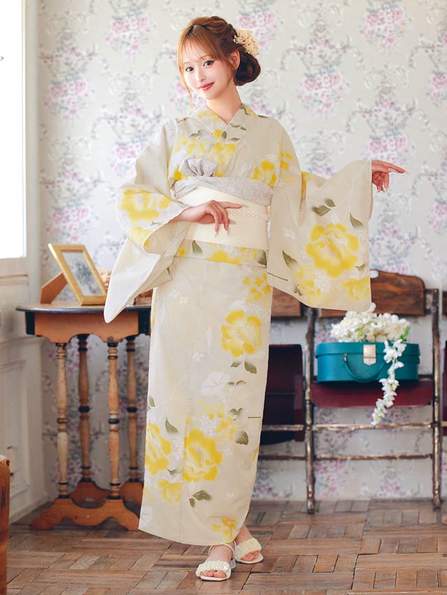 [3点SET]レトロモダン黄色芙蓉柄浴衣【YUKATA by dazzy 2025】