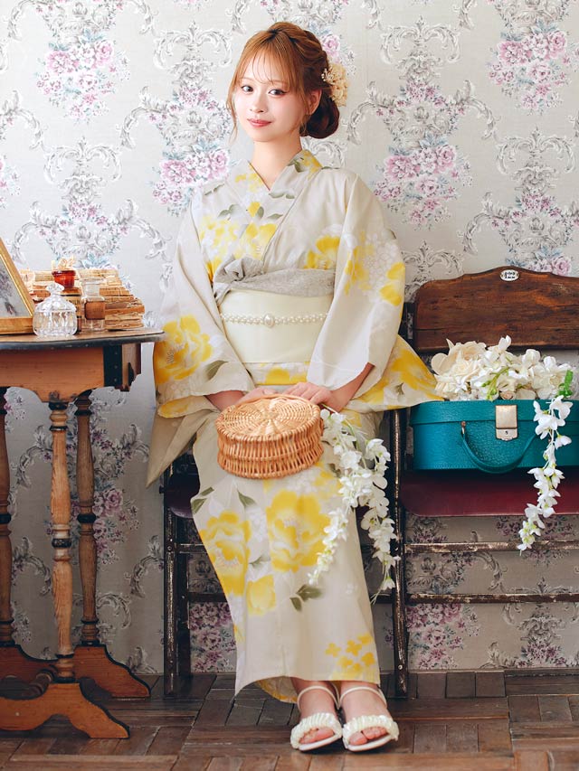 [3点SET]レトロモダン黄色芙蓉柄浴衣【YUKATA by dazzy 2025】