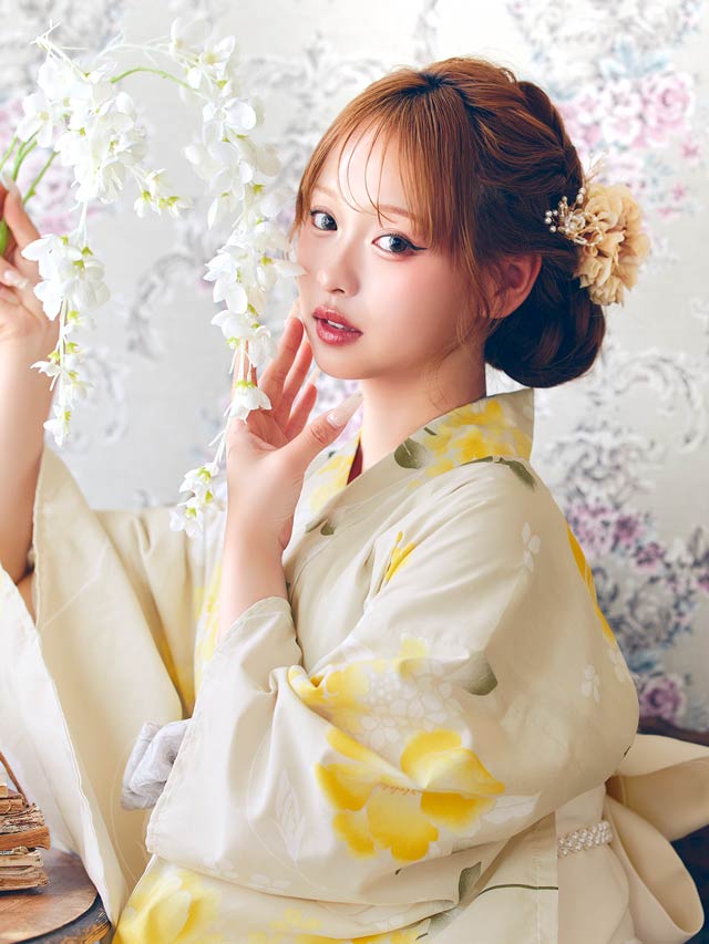 [3点SET]レトロモダン黄色芙蓉柄浴衣【YUKATA by dazzy 2025】