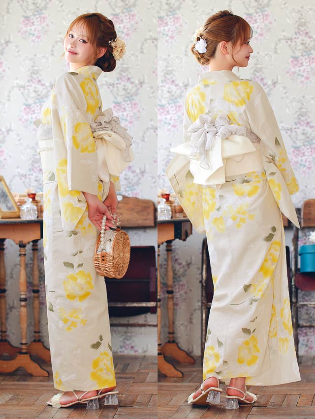[3点SET]レトロモダン黄色芙蓉柄浴衣【YUKATA by dazzy 2025】
