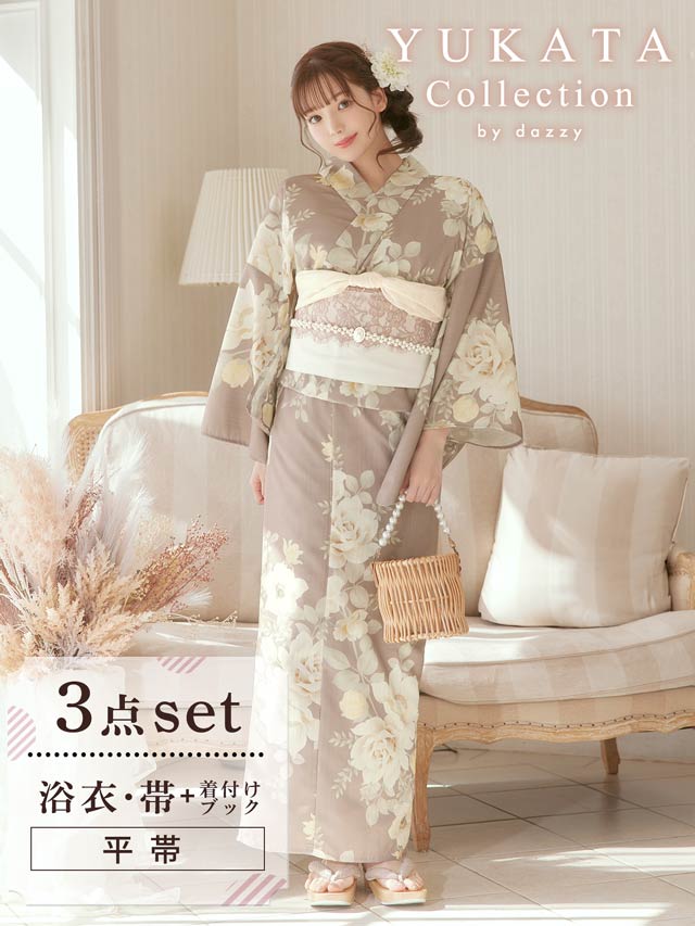 [3点SET]ダスティー白薔薇牡丹柄浴衣【YUKATA by dazzy 2025】