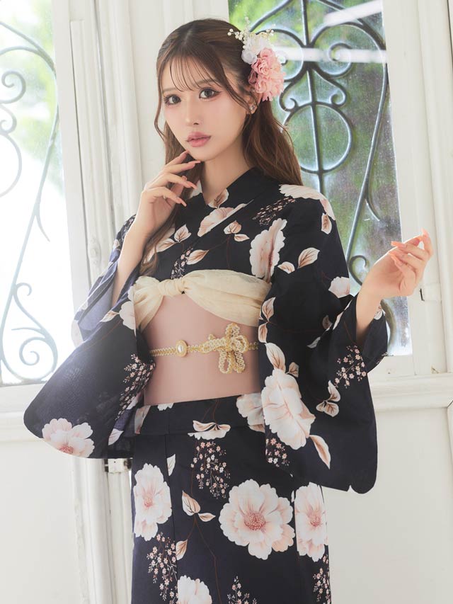[3点SET]濃紺クリスマスローズ柄浴衣【YUKATA by dazzy 2025】