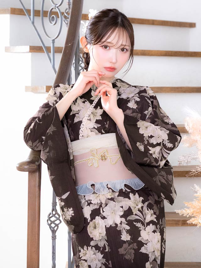[3点SET]褐色地×クラシック花柄柄浴衣【YUKATA by dazzy 2025】
