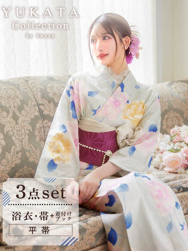 [3点SET]パステル縦縞×山茶花浴衣【YUKATA by dazzy 2025】