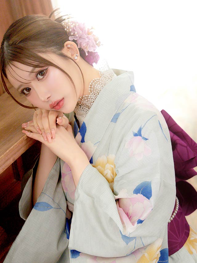 [3点SET]パステル縦縞×山茶花浴衣【YUKATA by dazzy 2025】