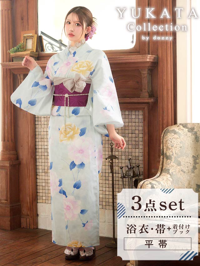 [3点SET]パステル縦縞×山茶花浴衣【YUKATA by dazzy 2025】