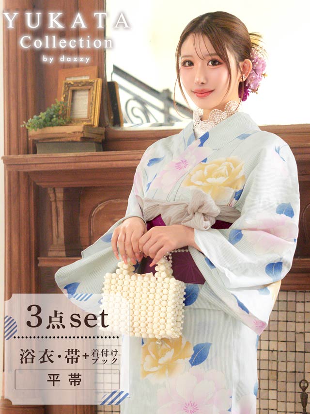 [3点SET]パステル縦縞×山茶花浴衣【YUKATA by dazzy 2025】