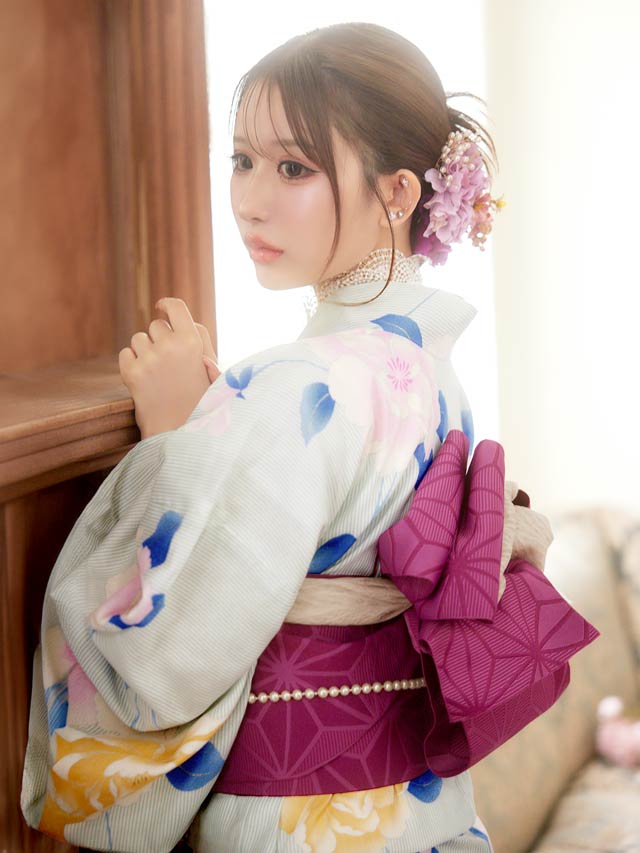 [3点SET]パステル縦縞×山茶花浴衣【YUKATA by dazzy 2025】