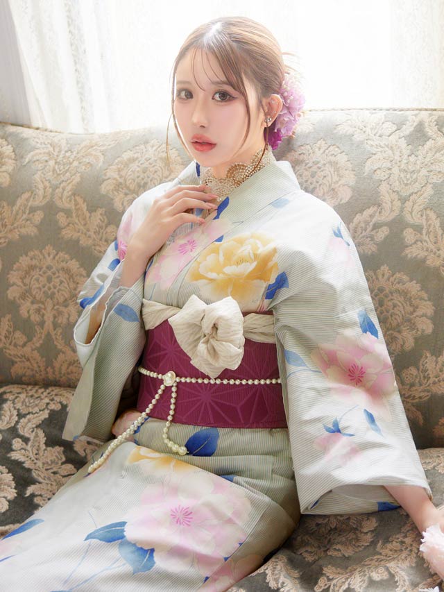 [3点SET]パステル縦縞×山茶花浴衣【YUKATA by dazzy 2025】