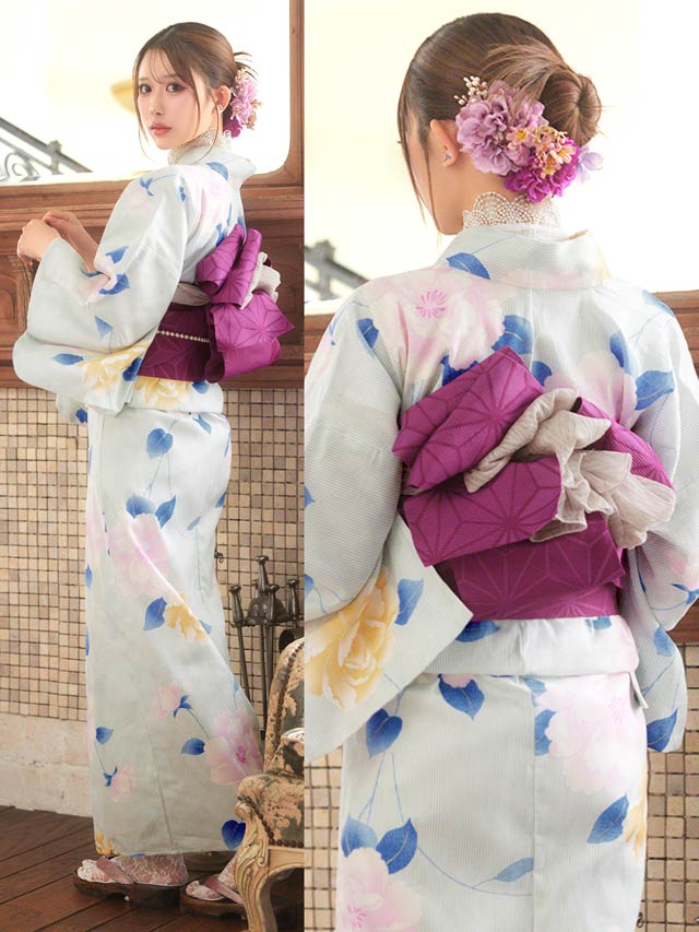 [3点SET]パステル縦縞×山茶花浴衣【YUKATA by dazzy 2025】