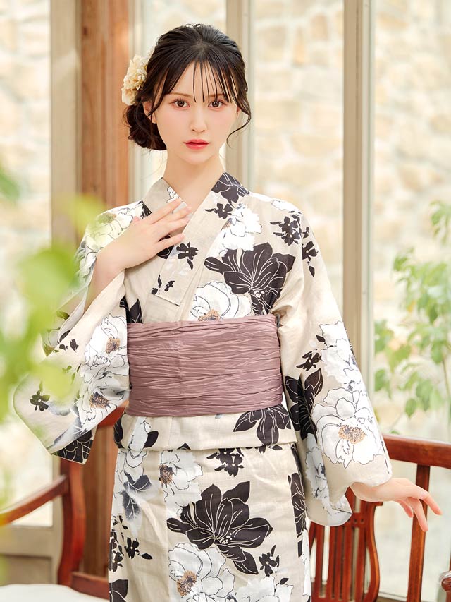 [3点SET]グレージュ×白薔薇柄浴衣【YUKATA by dazzy 2025】