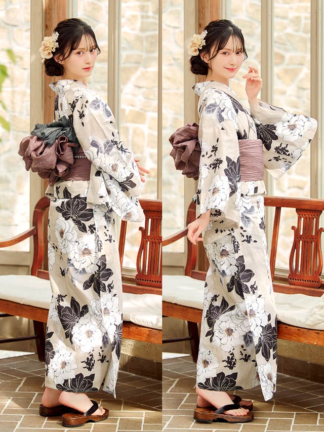 [3点SET]グレージュ×白薔薇柄浴衣【YUKATA by dazzy 2025】