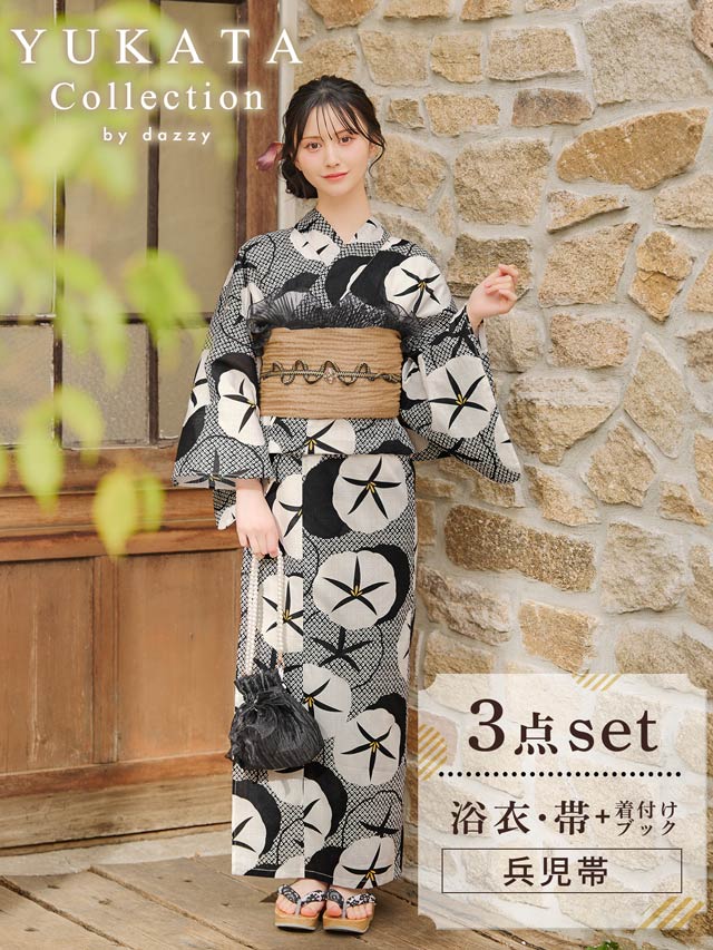 [3点SET]モノトーンレトロ朝顔柄浴衣【YUKATA by dazzy 2025】