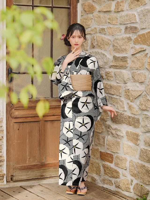 [3点SET]モノトーンレトロ朝顔柄浴衣【YUKATA by dazzy 2025】