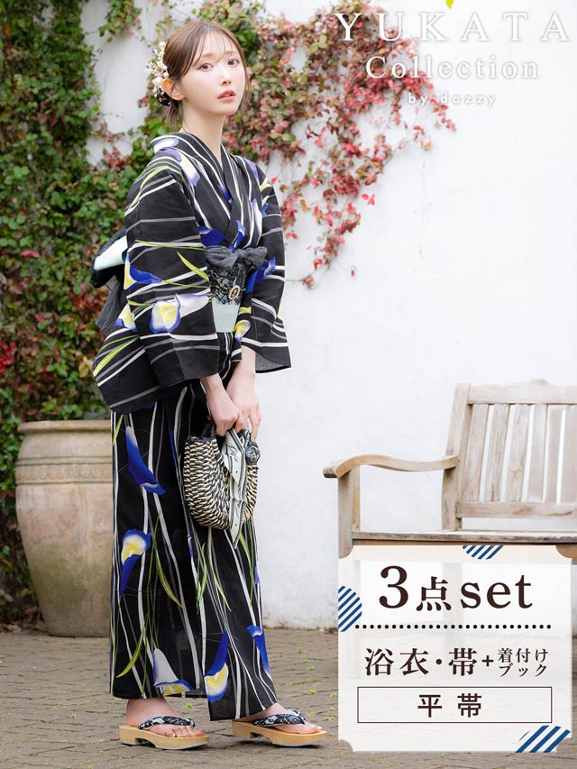 [3点SET]モダン縦縞×青百合柄浴衣【YUKATA by dazzy 2025】
