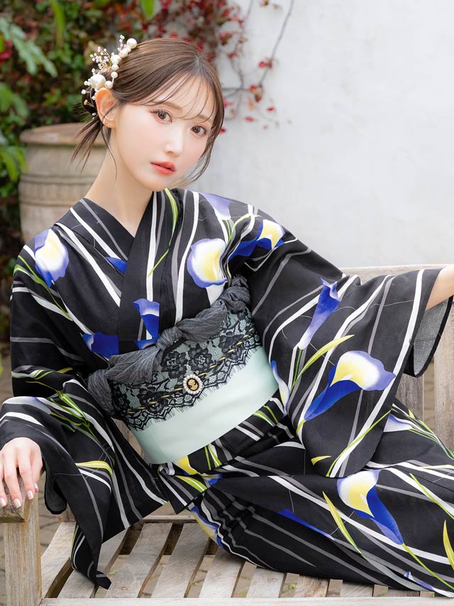 [3点SET]モダン縦縞×青百合柄浴衣【YUKATA by dazzy 2025】