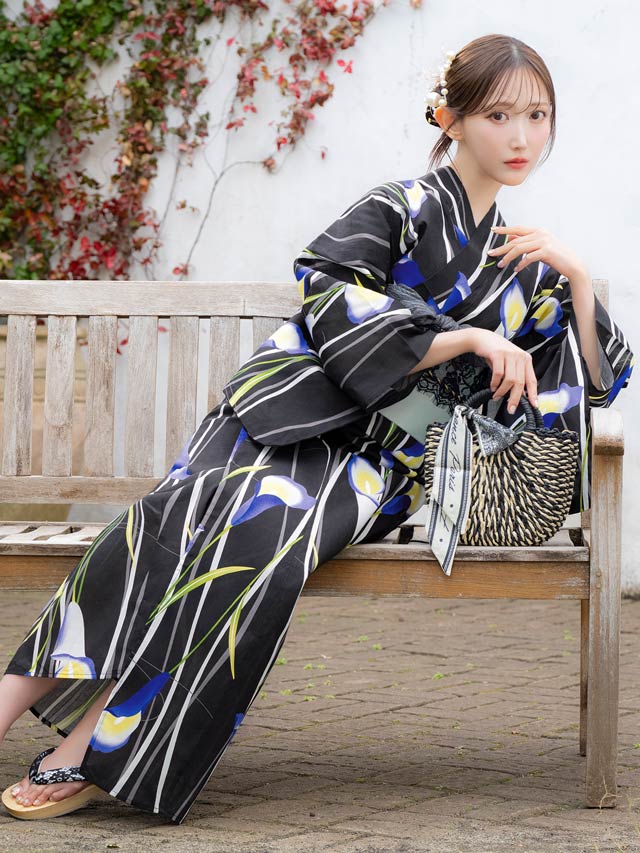[3点SET]モダン縦縞×青百合柄浴衣【YUKATA by dazzy 2025】