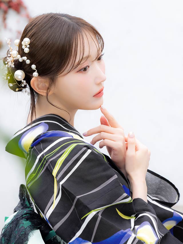 [3点SET]モダン縦縞×青百合柄浴衣【YUKATA by dazzy 2025】