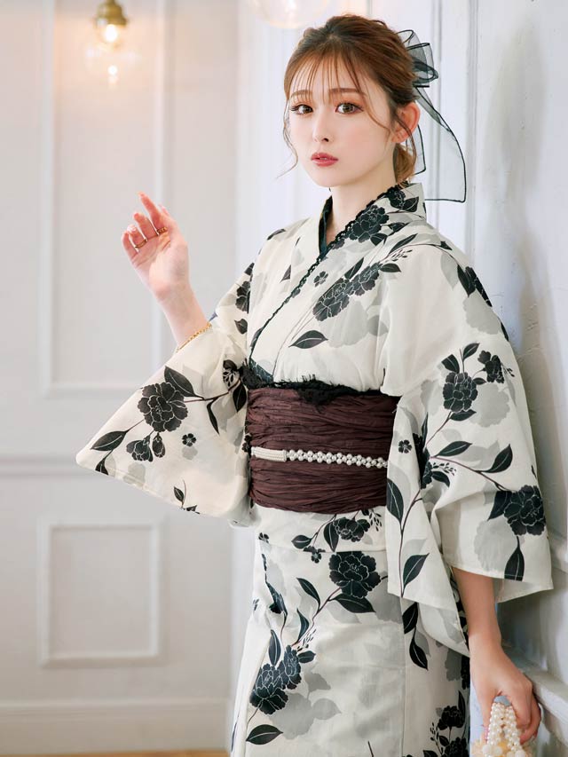 [セパレート浴衣] モノトーン牡丹柄浴衣[4点SET]【YUKATA by dazzy 2025】