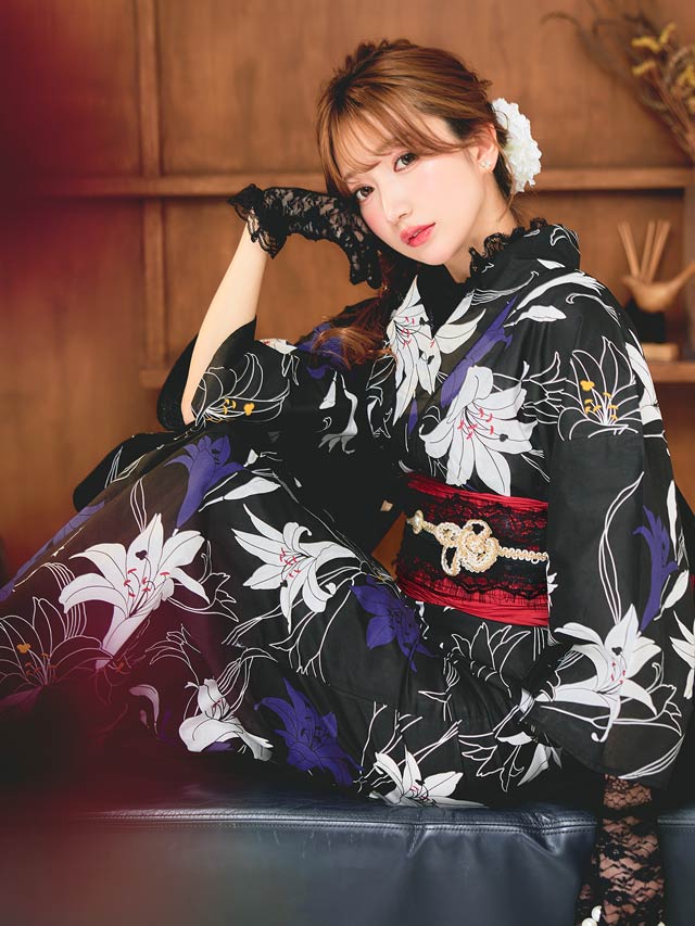[セパレート浴衣] 黒地×百合柄浴衣[4点SET]【YUKATA by dazzy 2025】
