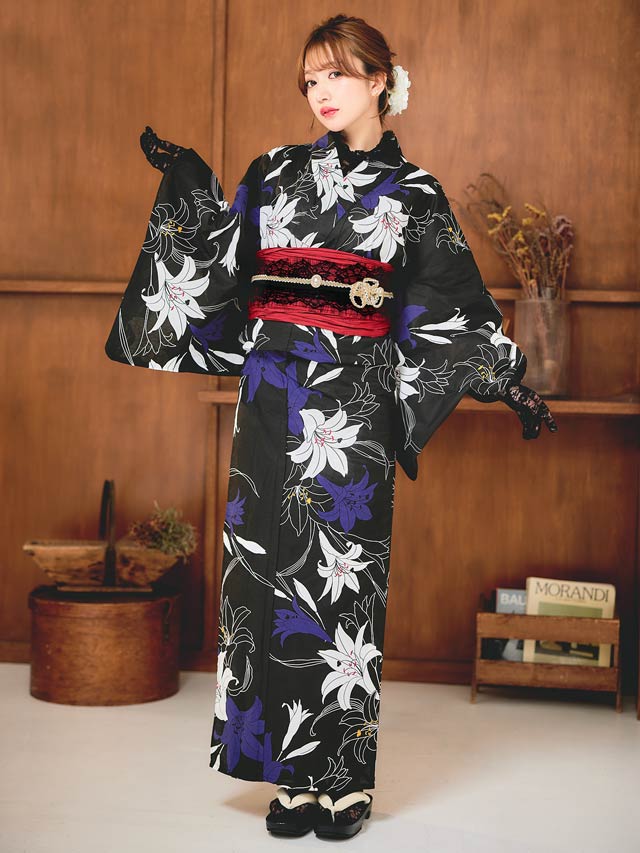 [セパレート浴衣] 黒地×百合柄浴衣[4点SET]【YUKATA by dazzy 2025】