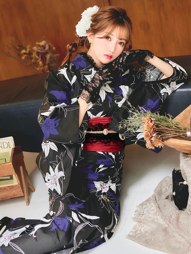 [セパレート浴衣] 黒地×百合柄浴衣[4点SET]【YUKATA by dazzy 2025】