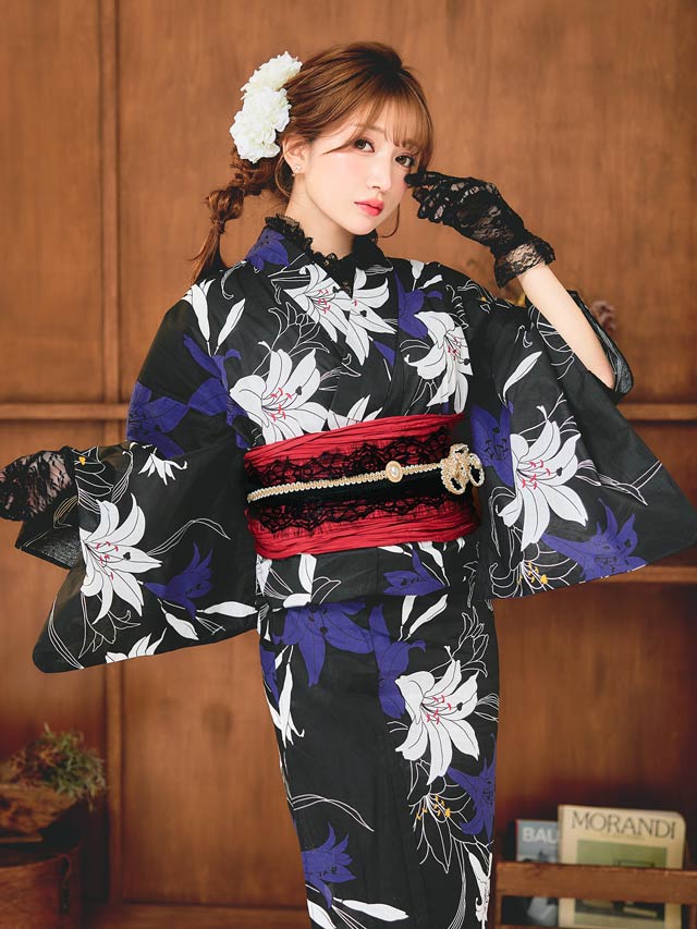 [セパレート浴衣] 黒地×百合柄浴衣[4点SET]【YUKATA by dazzy 2025】