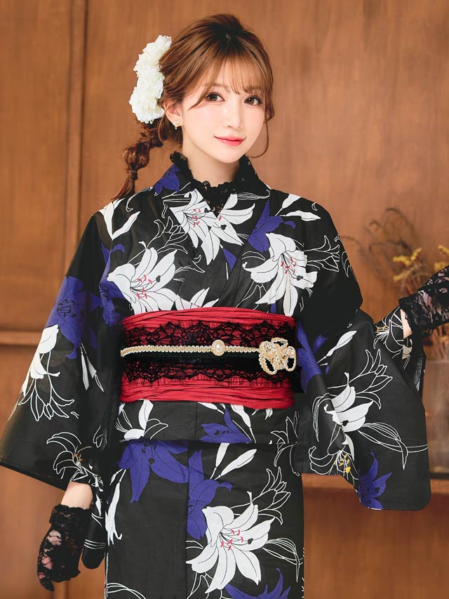 [セパレート浴衣] 黒地×百合柄浴衣[4点SET]【YUKATA by dazzy 2025】