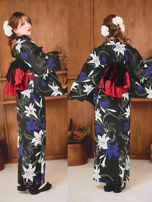 [セパレート浴衣] 黒地×百合柄浴衣[4点SET]【YUKATA by dazzy 2025】