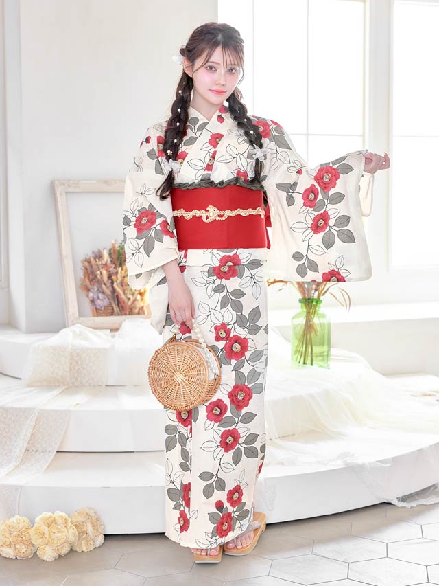 [セパレート浴衣] 白地×赤椿柄浴衣[4点SET]【YUKATA by dazzy 2025】