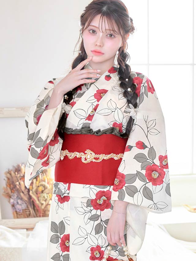 [セパレート浴衣] 白地×赤椿柄浴衣[4点SET]【YUKATA by dazzy 2025】