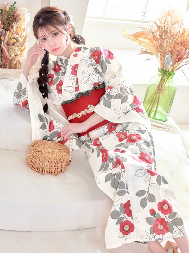 [セパレート浴衣] 白地×赤椿柄浴衣[4点SET]【YUKATA by dazzy 2025】