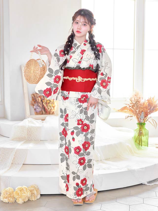 [セパレート浴衣] 白地×赤椿柄浴衣[4点SET]【YUKATA by dazzy 2025】